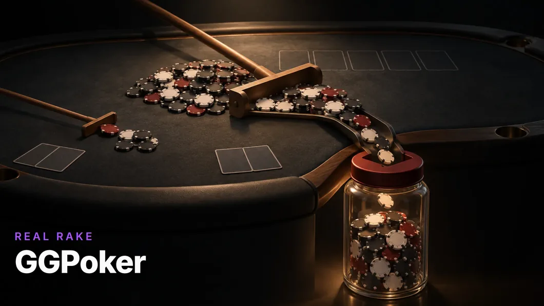 A croupier’s rake pulling chips from a poker pot into a glowing glass jackpot jar