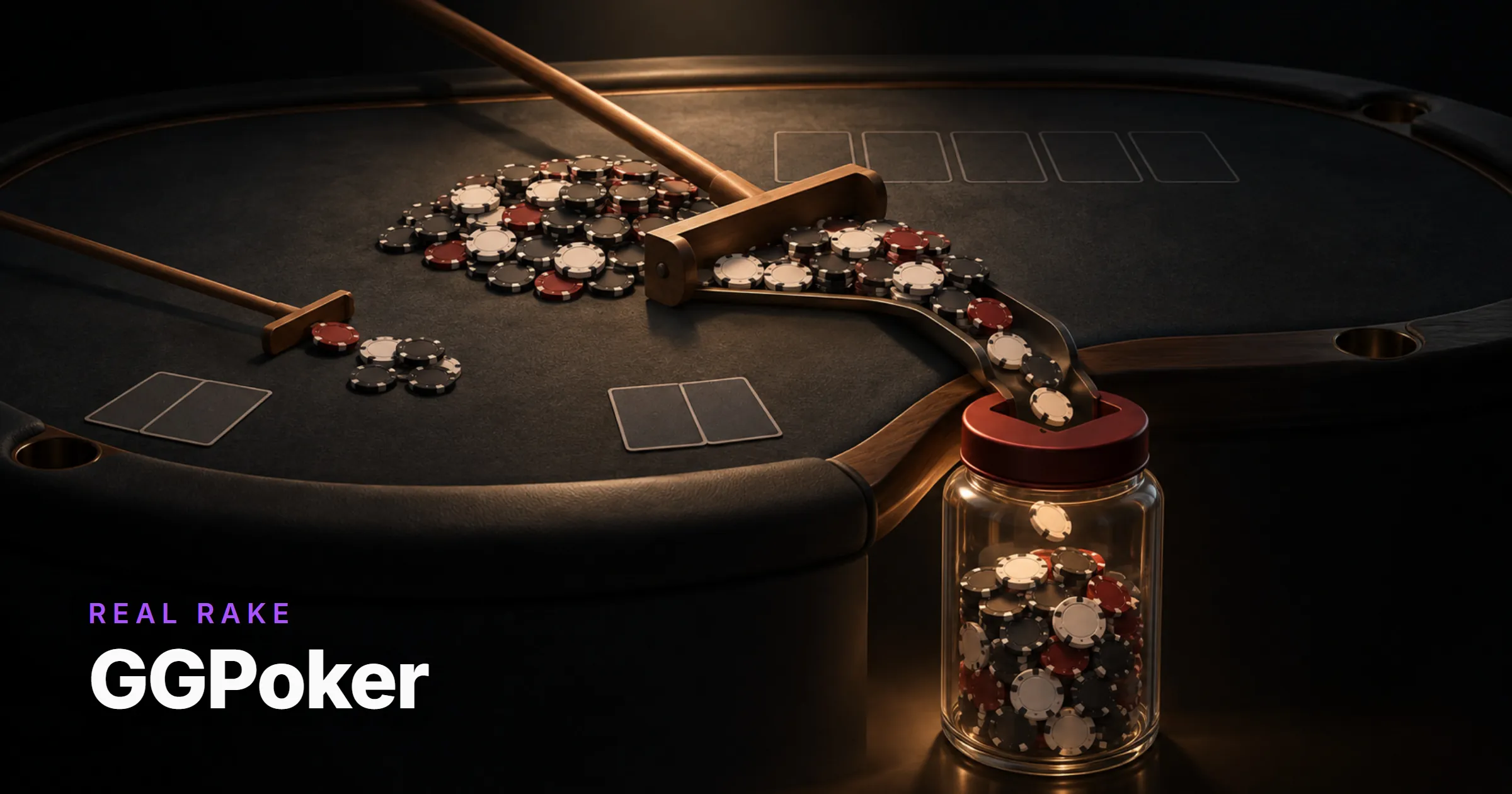 A croupier’s rake pulls chips from a poker pot into a glowing glass jackpot jar, while a second rake takes a chip from a small pot that never saw a flop