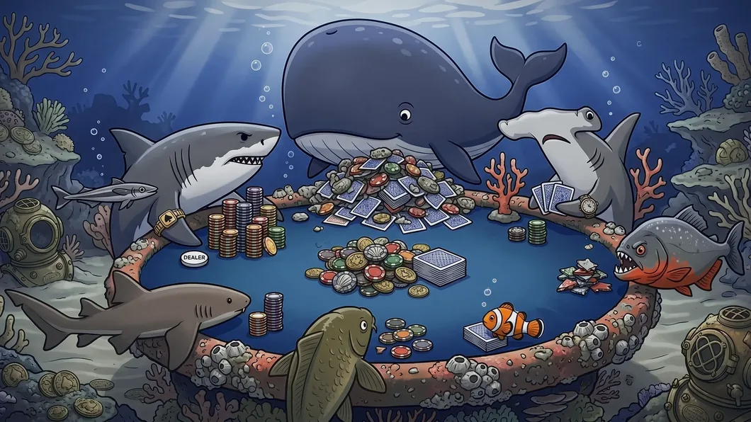 Requins et poissons de recif se croisant autour d'une table de poker immergee