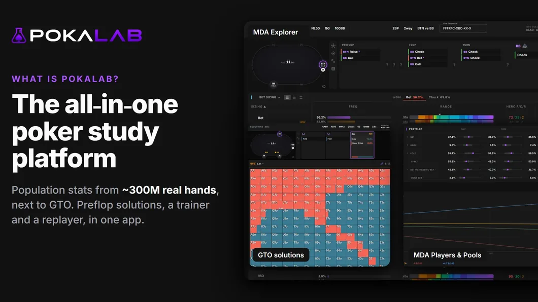 Pokalab, the all-in-one poker study platform: the MDA population range next to GTO, a preflop solution and the trainer